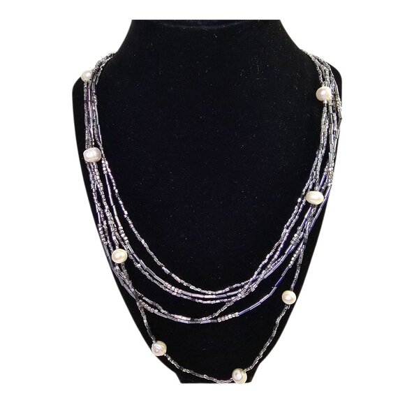 J Jill Multi-Layered Black & Silver Necklace W/ Faux Pearls Adjustable Length NW - Picture 1 of 6